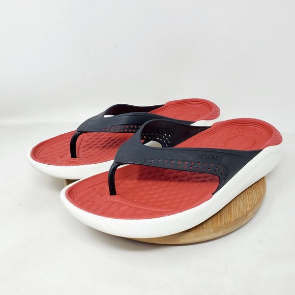 Crocs LiteRide Flip Flop Mens 10 Black Red Lightweight Sandals Shoes - Picture 5 of 13